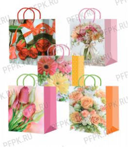 Сумочка бумажная 18х22х10 МЕГА (M) М-206/207/208/209/210 (Букеты) [10/200]