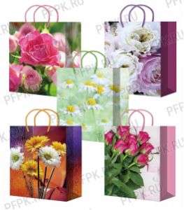Сумочка бумажная 18х22х10 МЕГА (M) М25-216/217/218/219/220 (Цветы) [10/200]