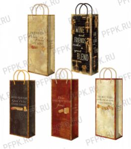 Сумочка бумажная под бутылку 123х362х78 МЕГА (B) В-406/407/408/409/410 (Надписи) [10/200]
