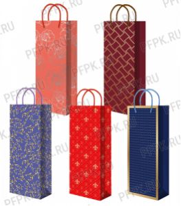 Сумочка бумажная под бутылку 123х362х78 МЕГА (B) В25-411/412/413/414/415 (Орнамент) [10/200]