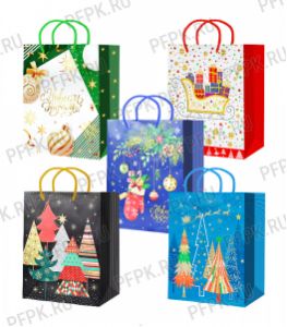 НГ сумочка бумажная 18х22х10 МЕГА (M) M25-246/247/248/249/250 (Елочки, Подарки) [10/200]