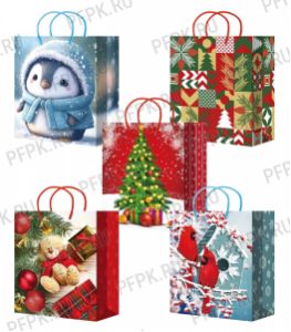 НГ сумочка бумажная 26х32х13 МЕГА (L) L-329/330/331/332/333 (Пингвиненок, Подарки) [10/200]