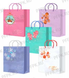 НГ сумочка бумажная 26х32х13 МЕГА (L) L25-331/332/333/334/335 (Шары, Снежинки) [10/200]