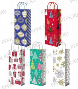 НГ сумочка бумажная под бутылку 12х36х8 МЕГА (B) B-454/455/456/457/458 (Снежинки, елочки) [10/200]
