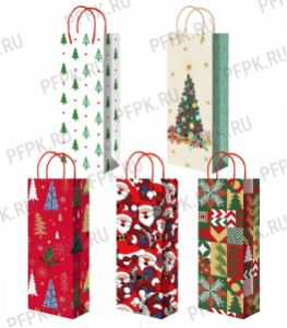 НГ сумочка бумажная под бутылку 12х36х8 МЕГА (B) B-484/485/486/487/488 (Елочки) [10/200]