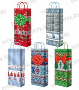 НГ сумочка бумажная под бутылку 12х36х8 МЕГА (B) B-459/460/461/462/463 (Новогодний орнамент) [10/200]