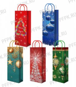 НГ сумочка бумажная под бутылку 12х36х8 МЕГА (B) B25-431/432/433/434/435 (Елочки, Шары) [10/200]