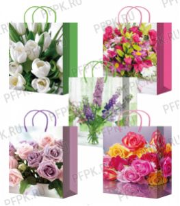 Сумочка бумажная 22х31х10 МЕГА (ML) ML-711/712/713/714/715 (Букеты) [10/200]