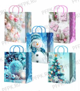 НГ сумочка бумажная 11х13х6 МЕГА (S) S25-106/107/108/109/110 (Шары, Снеговики) [10/200]