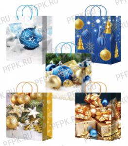 НГ сумочка бумажная 32х44х10 МЕГА (XL) XL-590/591/592/593/594 (Шарики, Елочки на синем) [10/200]