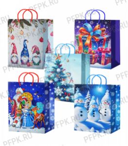 НГ сумочка бумажная 32х44х10 МЕГА (XL) XL25-516/517/518/519/520 (Снеговики, Дед Мороз) [10/200]
