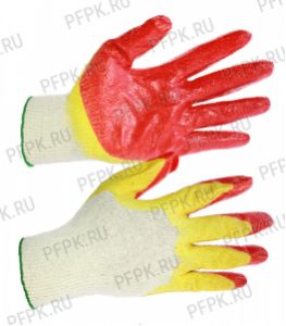 Перчатки х/б с 2-м латексным покрытием ПРОФИ Красно-желтые (С130210) [10/100]