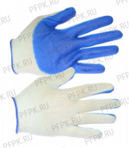 Перчатки нейлоновые с нитриловым обливом (25 гр) Белые с синим обливом [12/960]