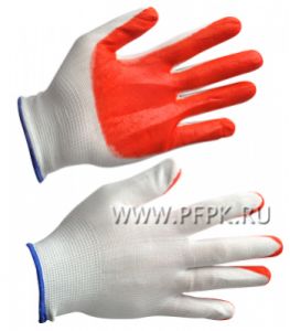 Перчатки нейлоновые с нитриловым обливом (25 гр) Белые с оранжевым обливом [1/480]