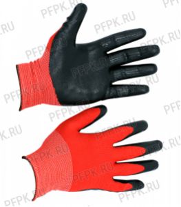 Перчатки нейлоновые с нитриловым обливом (25 гр) Красные с черным обливом [12/960]