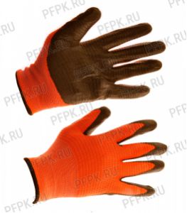Перчатки нейлоновые с нитриловым обливом (25 гр) Оранжевые с кориченевым обливом [12/480]