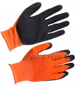 Перчатки нейлоновые с вспененным латексом Оранжевые с черным обливом [12/240]
