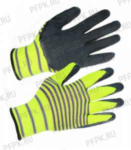 Перчатки нейлоновые с вспененным латексом Зеленые с фиолетовыми полосками с черным обливом [12/960]
