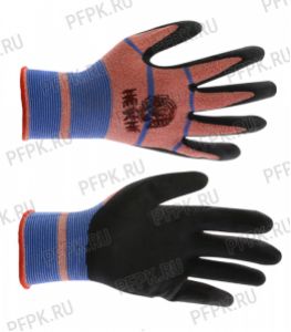 Перчатки нейлоновые с вспененным латексом Розовые с синими полосками с черным обливом [12/840]