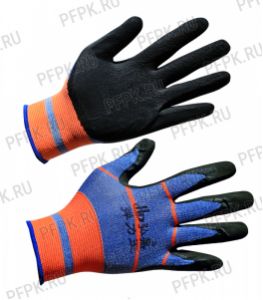 Перчатки нейлоновые с вспененным латексом Голубые с черным обливом [12/840]