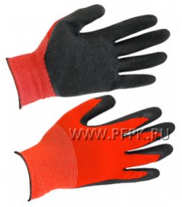 Перчатки нейлоновые с вспененным латексом Красные с черным обливом (KPSLT091) [12/120]