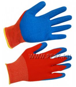 Перчатки нейлоновые с вспененным латексом Красные с синим обливом [5/250]