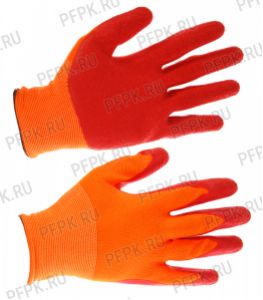Перчатки нейлоновые с вспененным латексом Оранжевые с красным обливом [5/250]