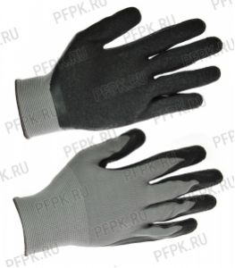 Перчатки нейлоновые с вспененным латексом Серые с черным обливом [5/250]