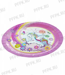 Тарелка бумажная 230 мм Единорожка розовый [50/500]