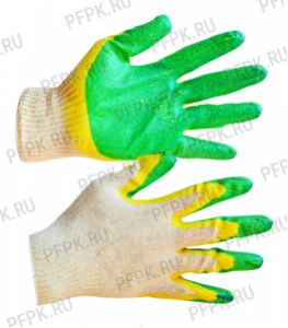 Перчатки х/б с 2-м латексным покрытием (без индивид.упак.) Зелёно-желтые 13-кл. (ЛТ-37) [10/300]
