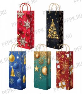 НГ сумочка бумажная под бутылку 150х362х123  МЕГА (BXL) BXL-4406/4407/4408/4409/4410 (Разноцветные шары) [10/200]