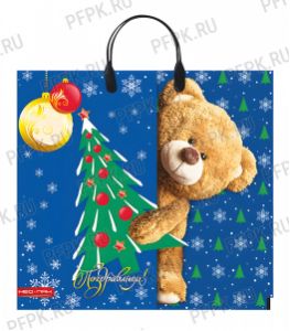 НГ Пакет с пласт. ручкой 37х35 (90 мкм) Мишка с елкой [5/100]