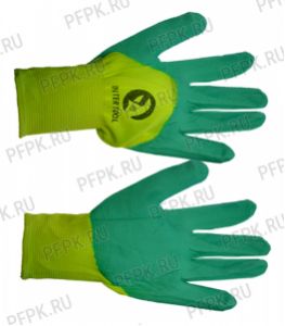 Перчатки нейлоновые с вспененным латексом 3/4 Салатовые с зеленым обливом [12/720]