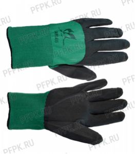 Перчатки нейлоновые с вспененным латексом 3/4 Зеленые с черным обливом [12/720]