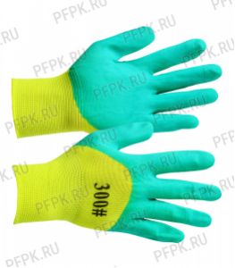 Перчатки нейлоновые с вспененным латексом 3/4 Желтые с зеленым обливом [12/720]