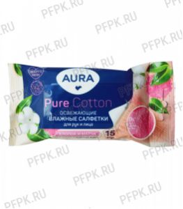 Салфетки влажн. AURA PURE COTTON (уп. 15 шт.) Освежающие Хлопок и алоэ вера/ Хлопок и матча [1/36]