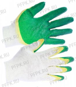 Перчатки х/б с 2-м латексным покрытием (индивид.упак.) Зелёно-желтые 13-кл. [10/100]