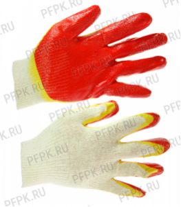 Перчатки х/б с 2-м латексным покрытием (индивид.упак.) Красно-желтые 13-кл. [10/100]